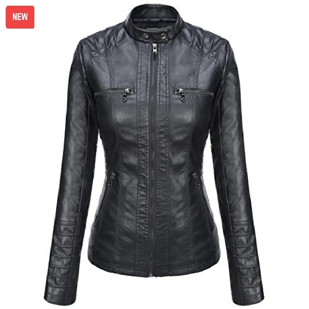 Women's Faux Leather Moto Jacket with Hood, Slim Fit, Detachable Hood - Picture 5 of 8